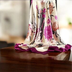 Elegant Burgundy Floral Satin Scarf